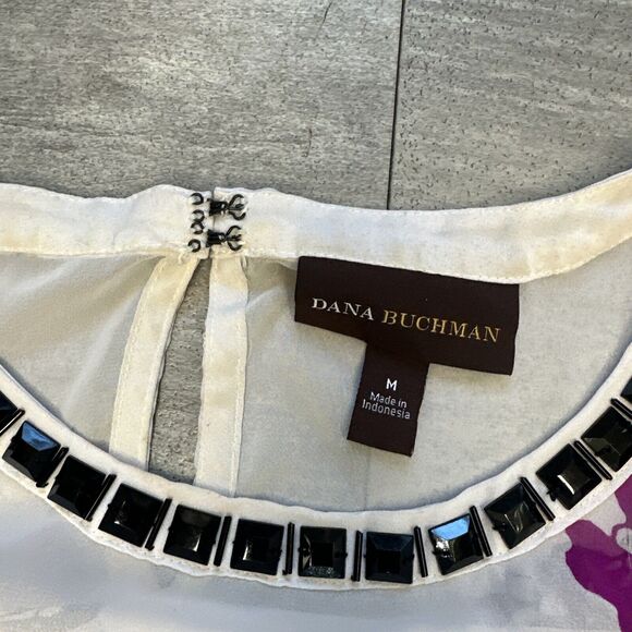 DANA BUCHMAN SLEEVELESS SHEER BLOUSE TANK TOP EMBELLISHED COLLAR PURPLE BLACK M - Picture 3 of 4